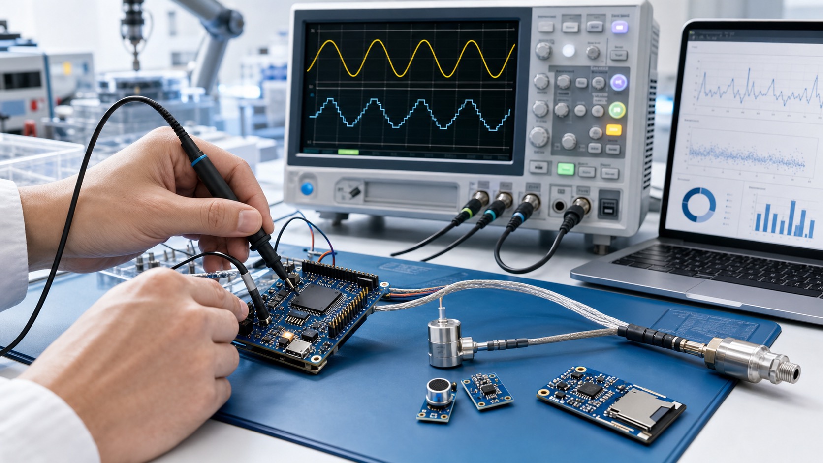 マイコン基板と測定器を使ってセンサ信号を確認する開発現場