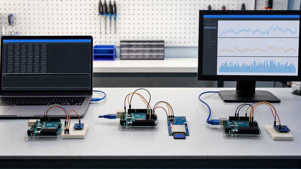 シリアルモニタ、SDカード、PCソフトによるArduinoデータ保存方法の比較イメージ