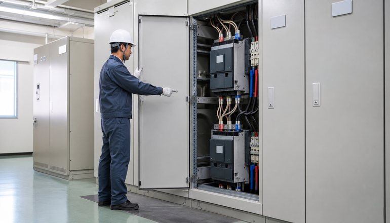 工場やビルの受変電設備（キュービクル）を点検する作業員