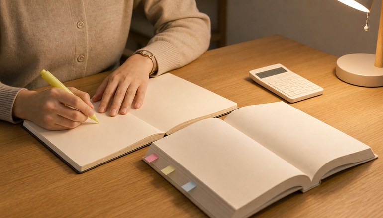 付箋を貼った参考書と過去問題集で勉強する手元